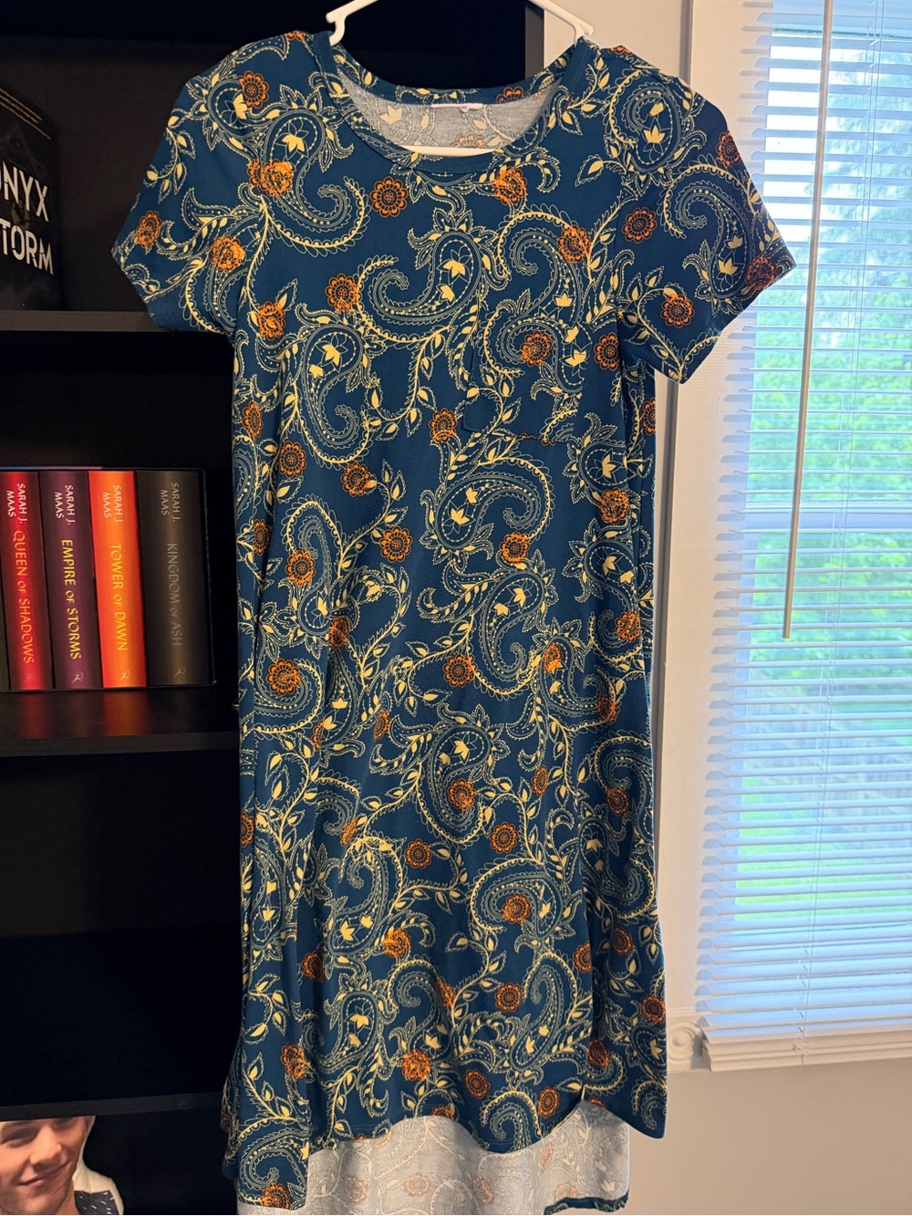 LuLaRoe Teal Paisley Midi Dress with Orange and Cream Accents